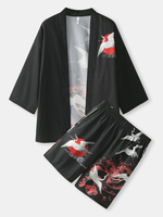 Kimono ouvert à lavant avec imprimé grue de style chinois pour hommes tenues deux pièces
