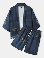 Kimono ouvert devant avec motif de grue de style japonais pour hommes,  tenues deux pièces