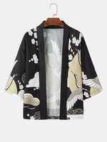 Kimonos de luxe ouvert à lavant avec grue et imprimé floral pour homme