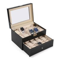Large 20 Slot montre-bracelet boîte de montre en cuir noir Watch Organizer verre Top