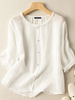 Lettuce Edge Crew Neck Solid Button 3/4 Sleeve Blouse