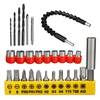 Lot de 28 forets comprenant 18 embouts de tournevis,  9 extracteurs de vis,  1 perceuse à arbre.