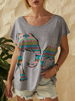Éléphant Imprimer O-cou manches courtes femmes T-shirts décontractés