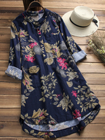 M-5XL Femmes Rétro Boutons Manches Longues Coton Vintage Floral Chemisier
