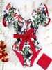 Maillot de bain femme à imprimé floral,  col plongeant,  lacets,  manches à volants,  ceinture One