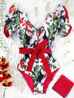 Maillot de bain femme à imprimé floral,  col plongeant,  lacets,  manches à volants,  ceinture One