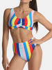 Maillot de bain femme multicolore à rayures plissées larges bretelles taille haute