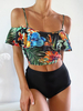 Maillot de bain femme taille haute à volants et bretelles spaghetti à imprimé de plantes tropicales