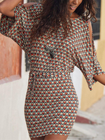 Manches évasées à rayures géométriques pour femmes Robes minceur avec ceinture