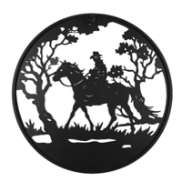 Man Riding Horse In Forest Round Noir Metal Wall Hanging Art Decoration Room