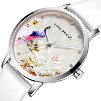 MINI FOCUS MF0330L Mode Femmes Fleur De Paon Motif Véritable Montre À Quartz En Cuir