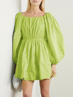 Mini robes à manches bouffantes décontractées plissées à col carré de couleur pure pour femmes