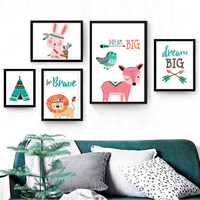 Nordique Sans Cadre Animal de Bande Dessinée Ours Rose Cerf Affiche Mur Art Toile Peintures Pépinière Photos Pour Bébé E
