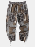 Pantalon à carreaux à motif mixte en coton avec cordon de serrage pour homme