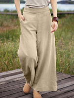 Pantalon à jambe large plaine décontracté à taille haute élastique pour femme avec poche