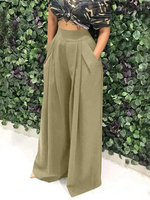 Pantalon à jambe large simple à taille élastique haute de couleur pure pour femmes avec poche