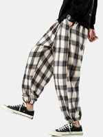 Pantalon à revers décontracté à carreaux pour homme avec poche