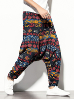 Pantalon 100% coton Vintage Print Loose Drop-Crotch pour homme avec poche