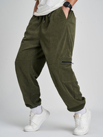 Pantalon cargo en velours côtelé avec poche zippée de couleur unie pour hommes