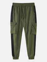 Pantalon décontracté à rayures latérales en coton avec cordon de serrage pour hommes avec poche à rabat