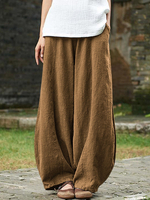 Pantalon décontracté en coton et lin de couleur unie à taille élastique