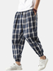Pantalon décontracté en lin à carreaux pour homme avec cordon de serrage à la taille élastique avec poche