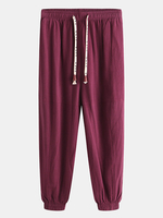 Pantalon décontracté en lin de coton lâche fermé de couleur unie pour hommes