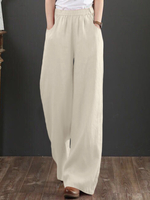 Pantalon décontracté uni 100% coton à jambes larges et à plis larges pour femmes