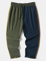 Pantalon droit à cordon de serrage ample en coton patchwork contrasté pour hommes