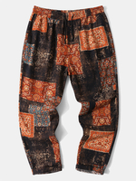 Pantalon droit en coton à motif floral ethnique pour hommes