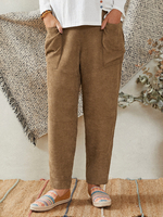 Pantalon Femme Kaki Velours Côtelé Poches Latérales Cheville Longueur