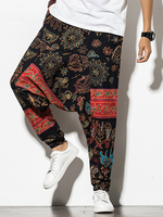 Pantalon pour homme 100% coton design style ethnique poche motif noir entrejambe tombante