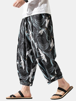 Pantalon sarouel à taille élastique drapé à imprimé de grue de style national pour homme