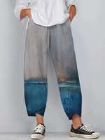 Pantalon sarouel décontracté en velours côtelé à imprimé paysage pour femmes