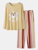 Pantalons rayés à imprimé chien de grande taille pour femmes,  ensembles de pyjamas à manches longues lâches