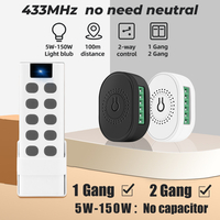 Pas de fil neutre 1 Gang 2 voies RF 433MHZ interrupteur lumière Mini Module intelligent maison télécommande mur On Off d