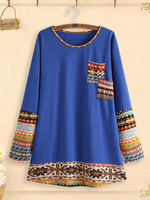Patchwork Col Rond Manches Longues Décontracté Plus Taille Blouse