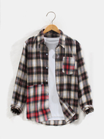 Patchwork Plaid Poche Poitrine Boutonnée À Manches Longues Chemises Décontractées Pour Hommes