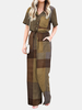Plaid Bouton Poche Cordon Revers Casual Jumpsuit