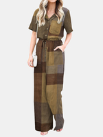 Plaid Bouton Poche Cordon Revers Casual Jumpsuit