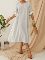 Plaid Patchwork Broderie O-cou Bouton Manches Longues Décontracté Robe Midi