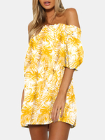 Plantes tropicales - Mini-robe dété à imprimé épaules dénudées