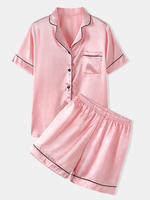 Plus la taille des femmes couleur unie Revere Collar Smooth Home Casual Faux Silk Pyjama Set