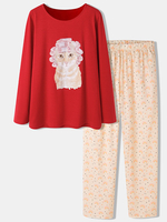 Plus la taille des femmes mignon chat arc-en-ciel imprimé à manches longues pantalon ample maison salon pyjamas ensemble