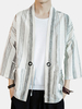 Plus Size de style chinois à manches demi grandes poches de coton rayures chemises de lin en vrac