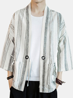 Plus Size de style chinois à manches demi grandes poches de coton rayures chemises de lin en vrac