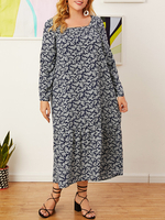 Plus Size Femmes Ditsy Imprimé Floral Col Carré À Manches Longues Casual Maxi Robes