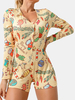 Plus Size Women Cartoon Print V-Neck manches longues Onesies Home Sleepwear Barboteuses