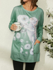 Plus Size Women Cat Plants Print Col rond à manches longues Casual Longline Blouses