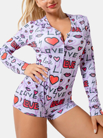 Plus Size Women Heart & Letter Print V-Neck manches longues Onesies Pyjamas Barboteuses